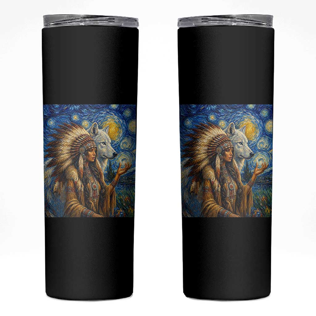 Native American Woman And White Wolf Skinny Tumbler Starry Night Inspired Art