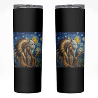Native American Woman And White Wolf Skinny Tumbler Starry Night Inspired Art