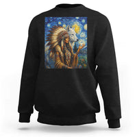 Native American Woman And White Wolf Sweatshirt Starry Night Inspired Art