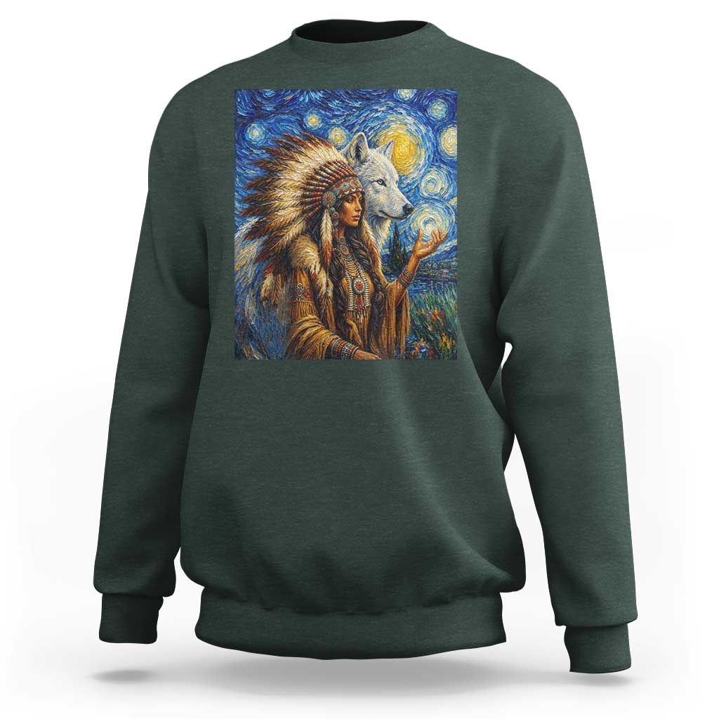 Native American Woman And White Wolf Sweatshirt Starry Night Inspired Art