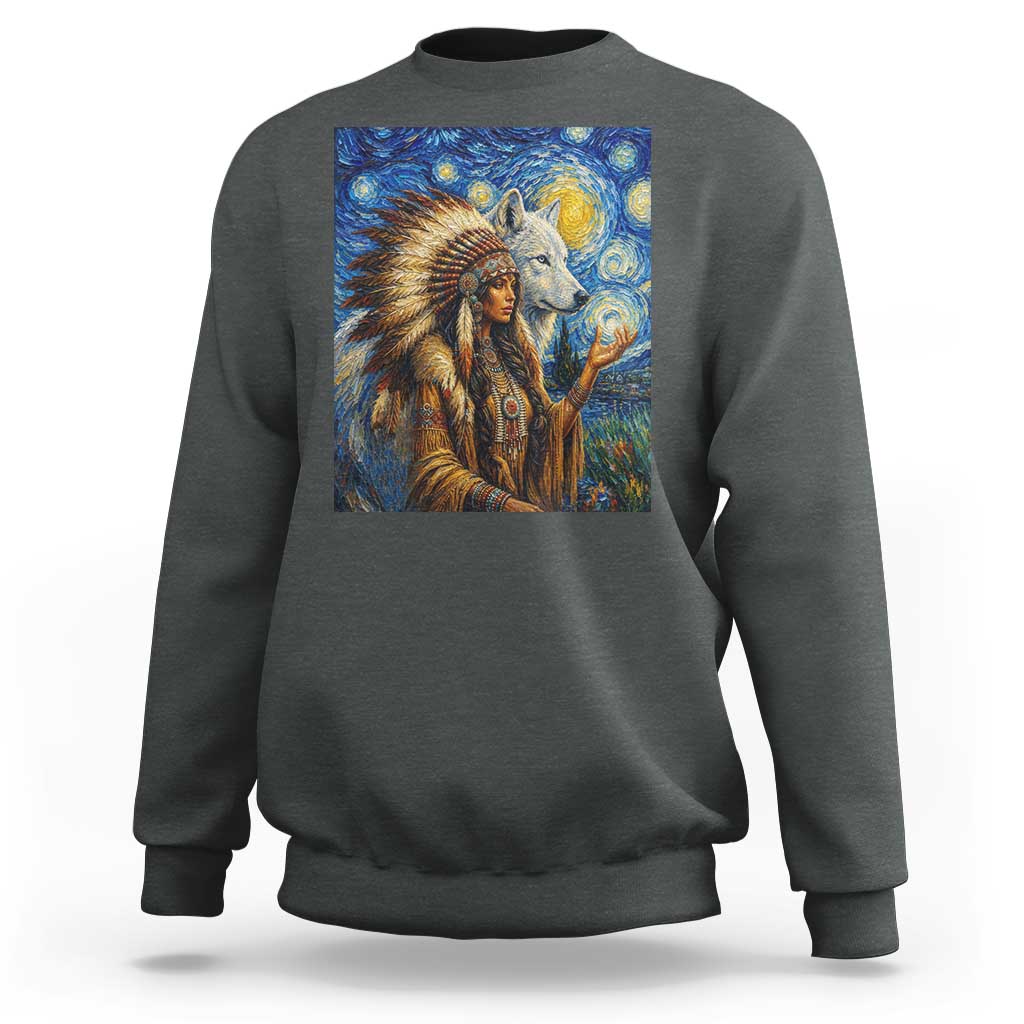Native American Woman And White Wolf Sweatshirt Starry Night Inspired Art