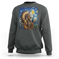 Native American Woman And White Wolf Sweatshirt Starry Night Inspired Art