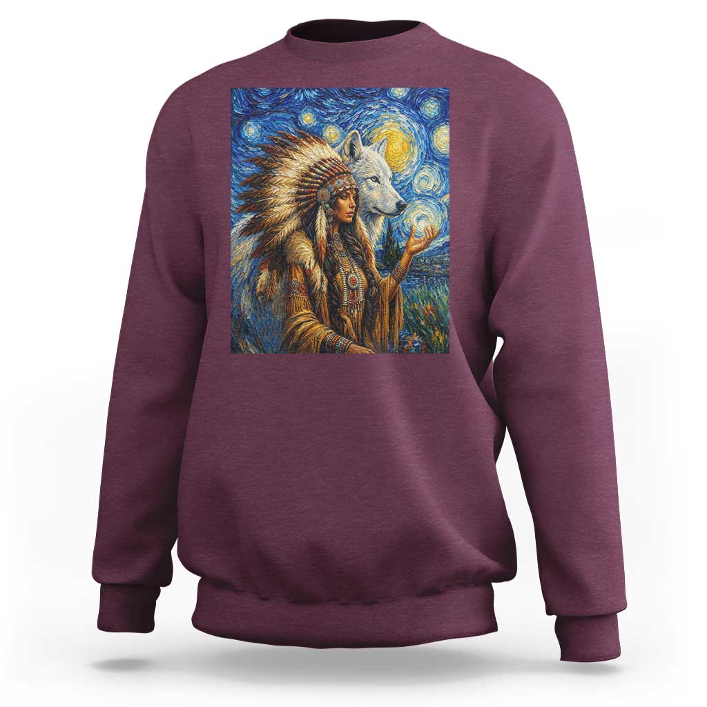 Native American Woman And White Wolf Sweatshirt Starry Night Inspired Art