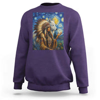Native American Woman And White Wolf Sweatshirt Starry Night Inspired Art