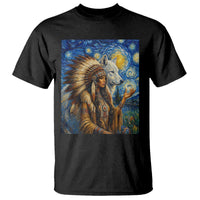 Native American Woman And White Wolf T Shirt Starry Night Inspired Art