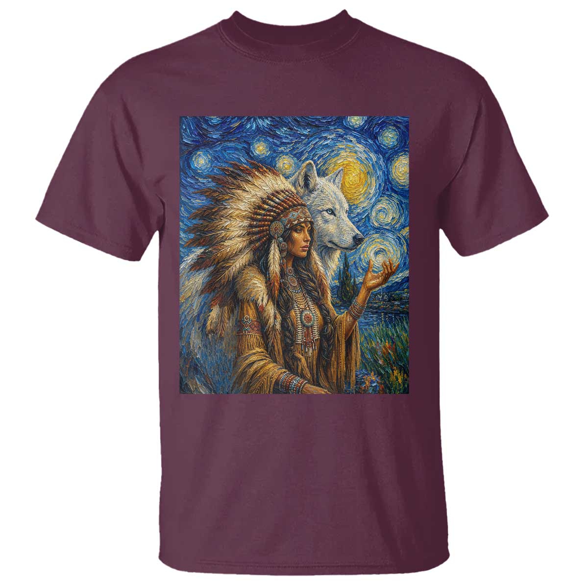 Native American Woman And White Wolf T Shirt Starry Night Inspired Art