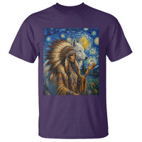 Native American Woman And White Wolf T Shirt Starry Night Inspired Art