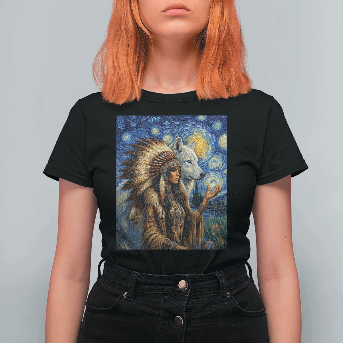 Native American Woman And White Wolf T Shirt For Women Starry Night Inspired Art
