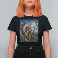 Native American Woman And White Wolf T Shirt For Women Starry Night Inspired Art