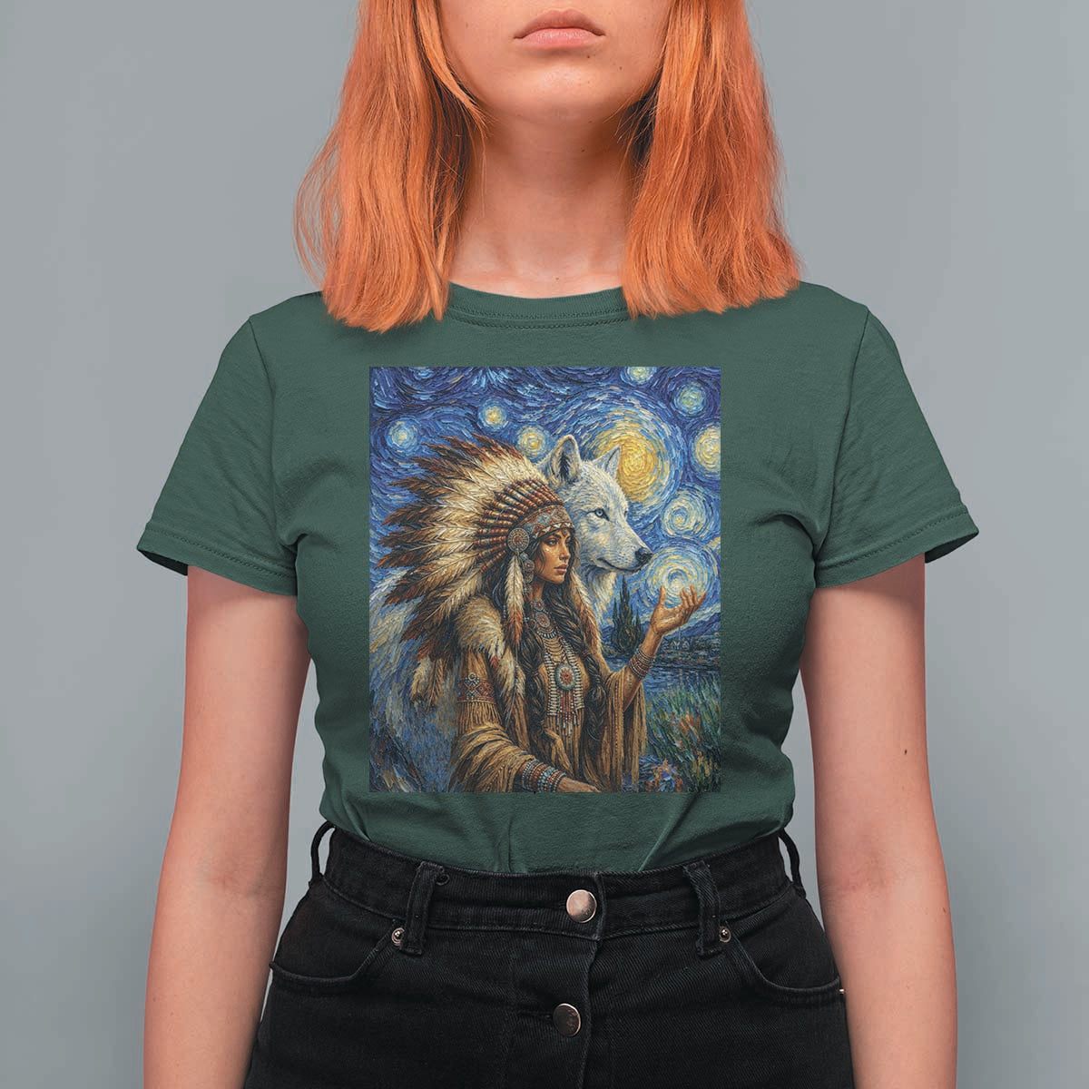 Native American Woman And White Wolf T Shirt For Women Starry Night Inspired Art