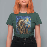 Native American Woman And White Wolf T Shirt For Women Starry Night Inspired Art