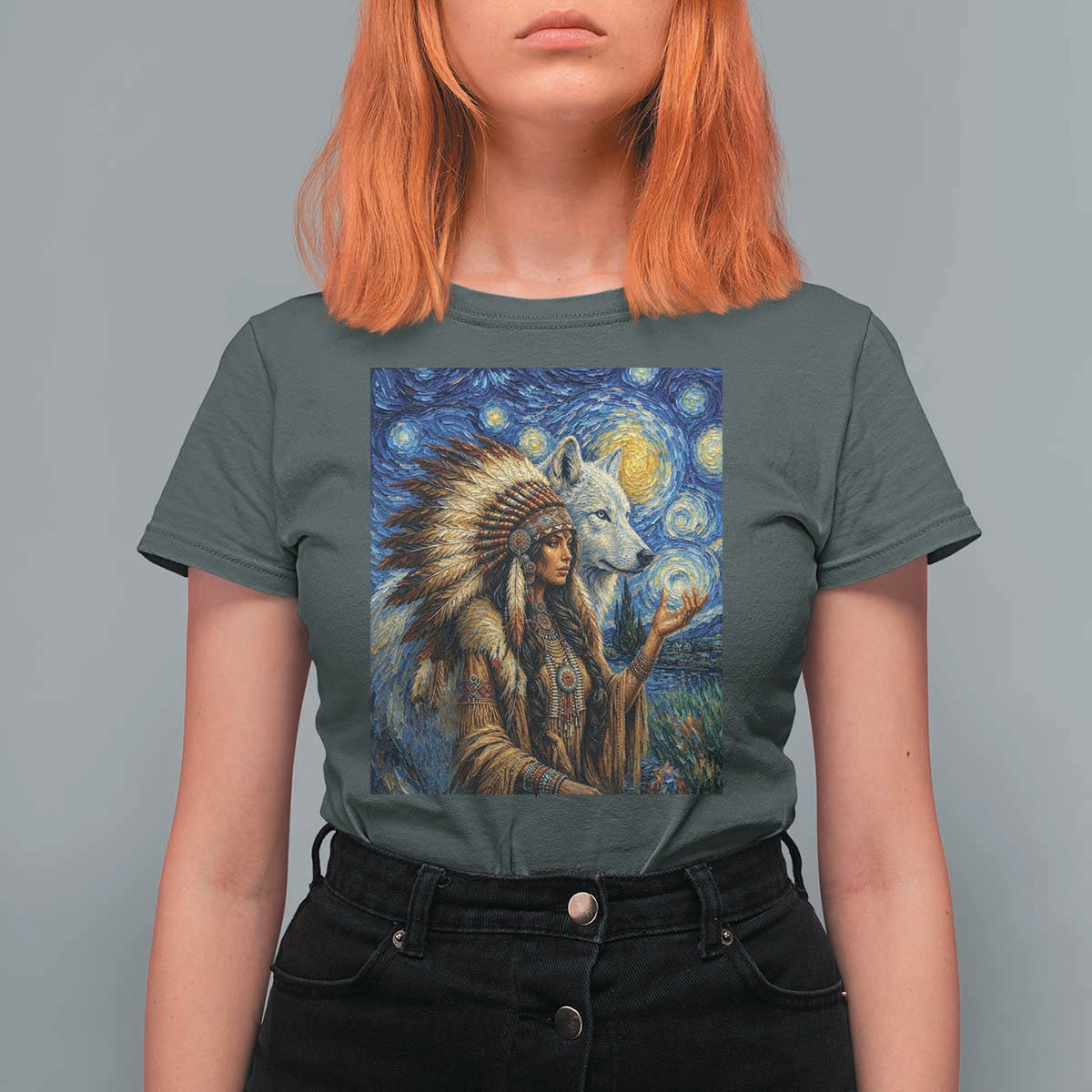 Native American Woman And White Wolf T Shirt For Women Starry Night Inspired Art