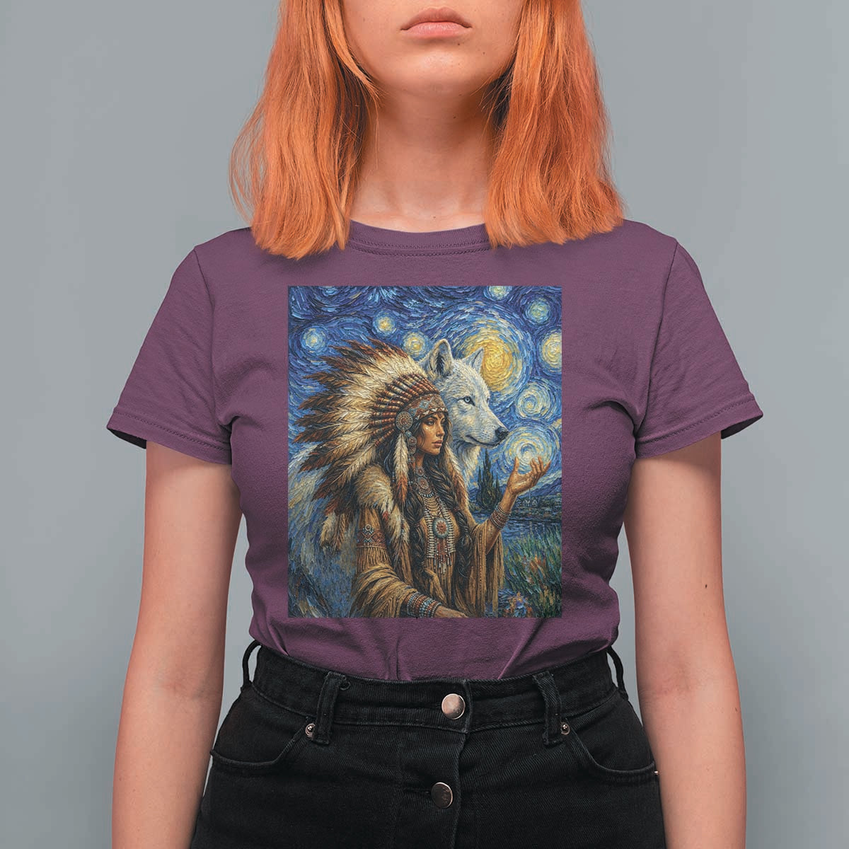 Native American Woman And White Wolf T Shirt For Women Starry Night Inspired Art