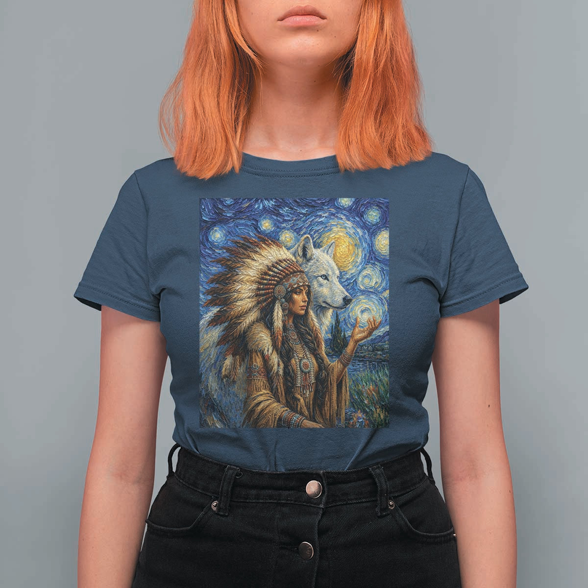 Native American Woman And White Wolf T Shirt For Women Starry Night Inspired Art