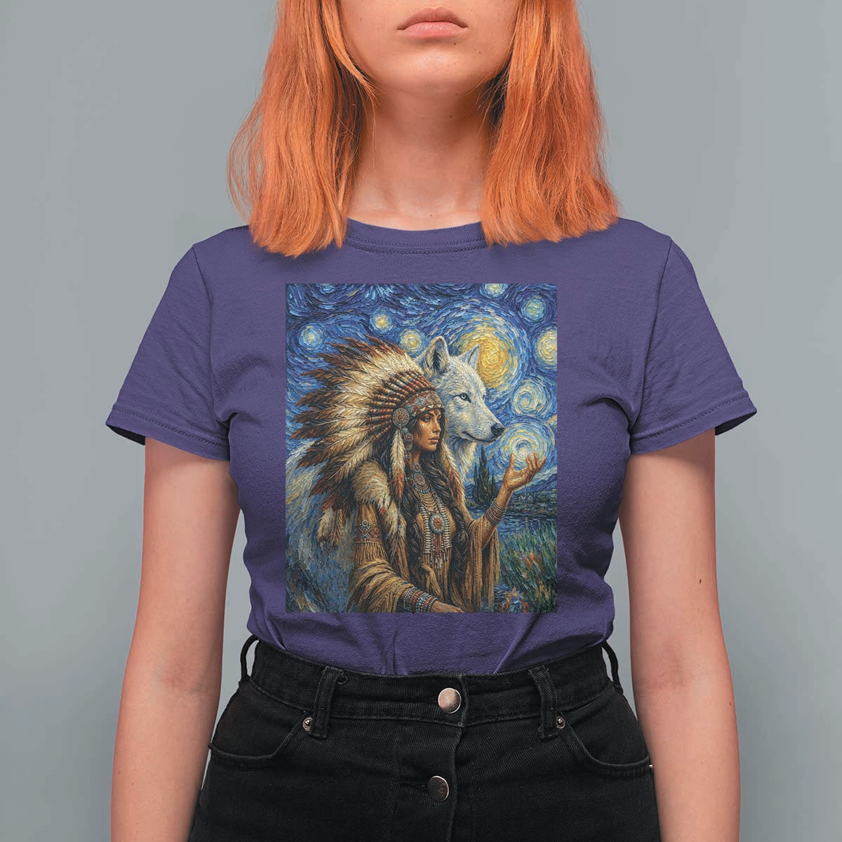 Native American Woman And White Wolf T Shirt For Women Starry Night Inspired Art