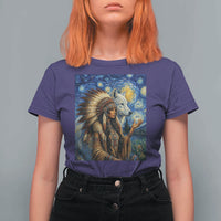 Native American Woman And White Wolf T Shirt For Women Starry Night Inspired Art