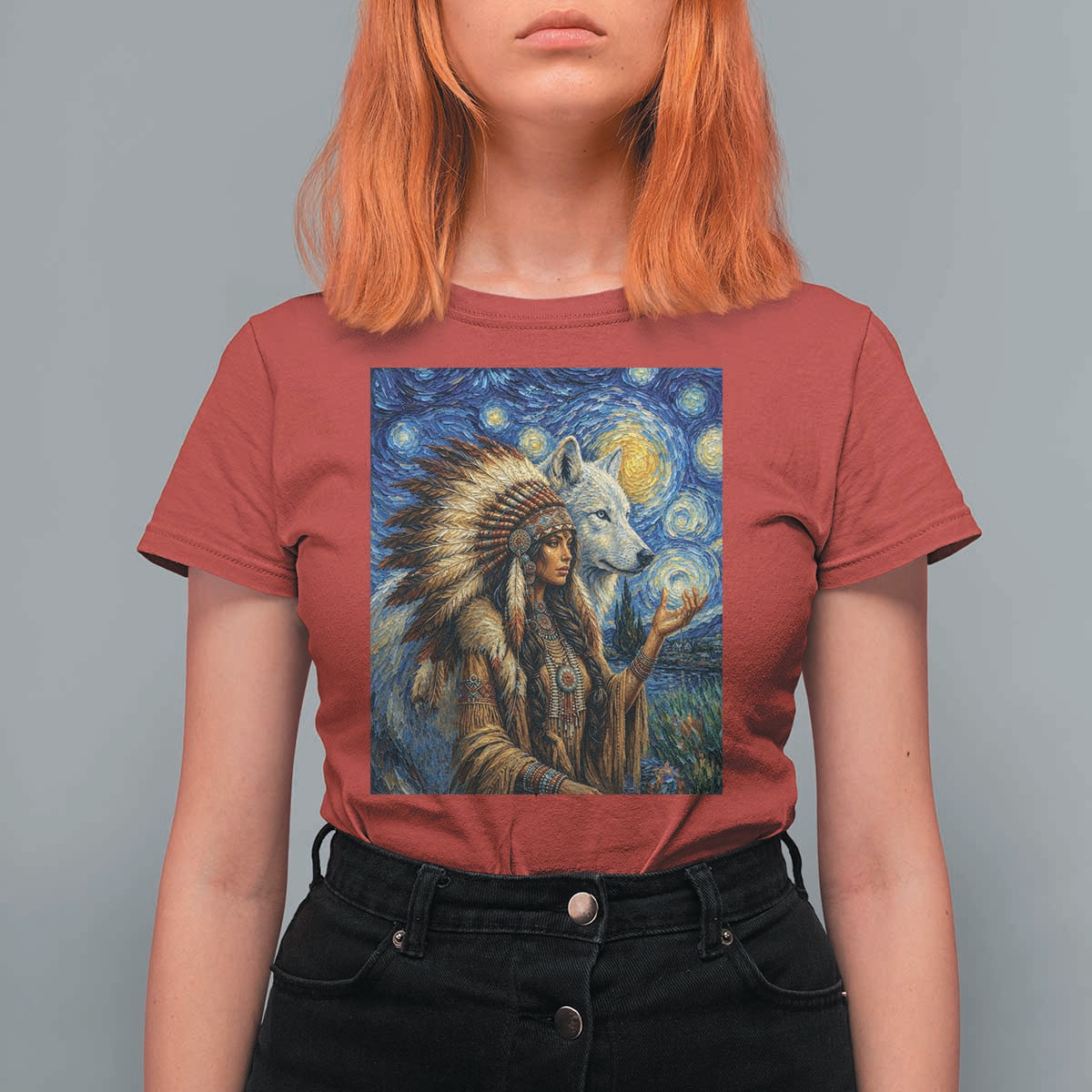 Native American Woman And White Wolf T Shirt For Women Starry Night Inspired Art