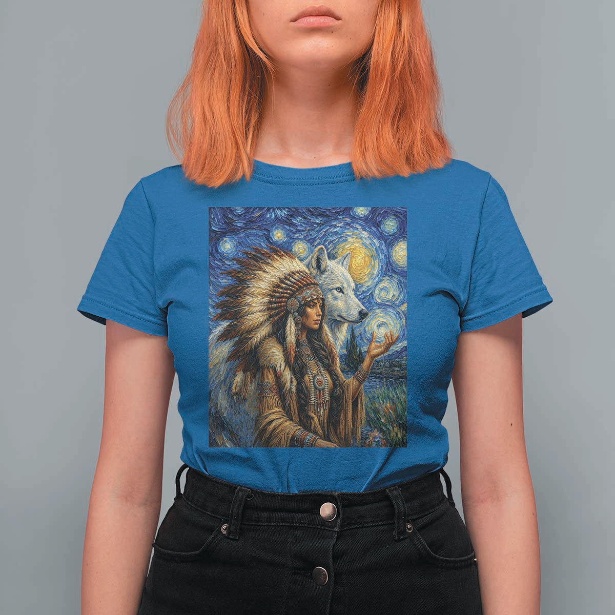Native American Woman And White Wolf T Shirt For Women Starry Night Inspired Art