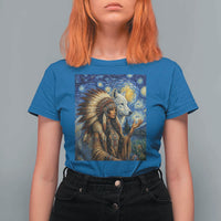 Native American Woman And White Wolf T Shirt For Women Starry Night Inspired Art