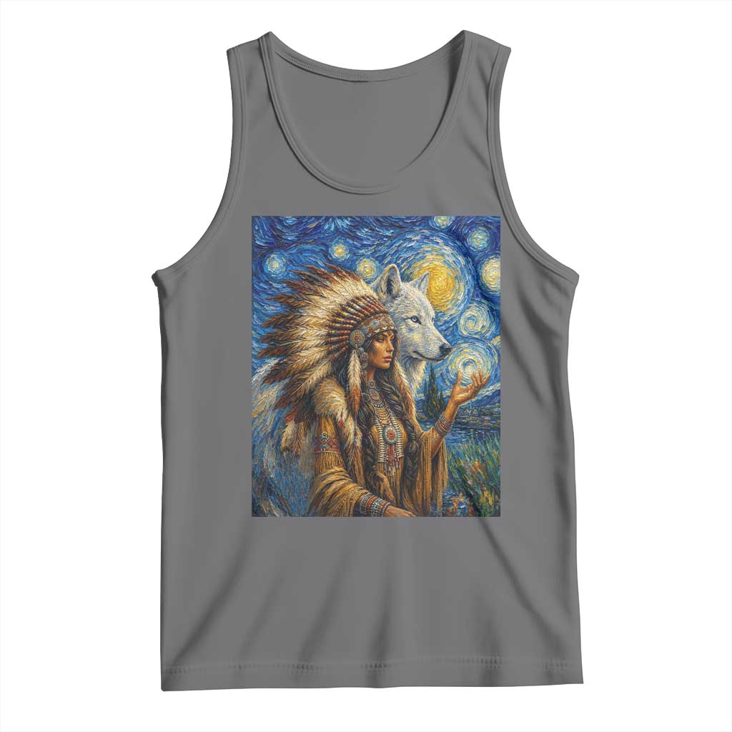 Native American Woman And White Wolf Tank Top Starry Night Inspired Art