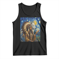 Native American Woman And White Wolf Tank Top Starry Night Inspired Art