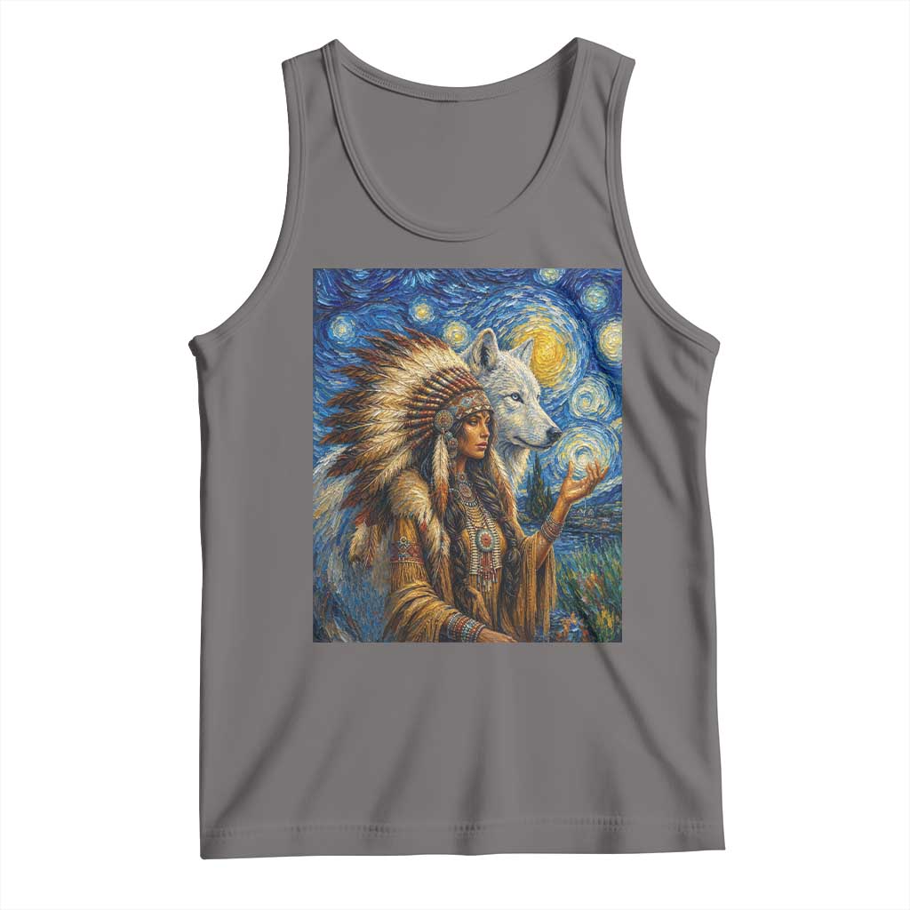Native American Woman And White Wolf Tank Top Starry Night Inspired Art