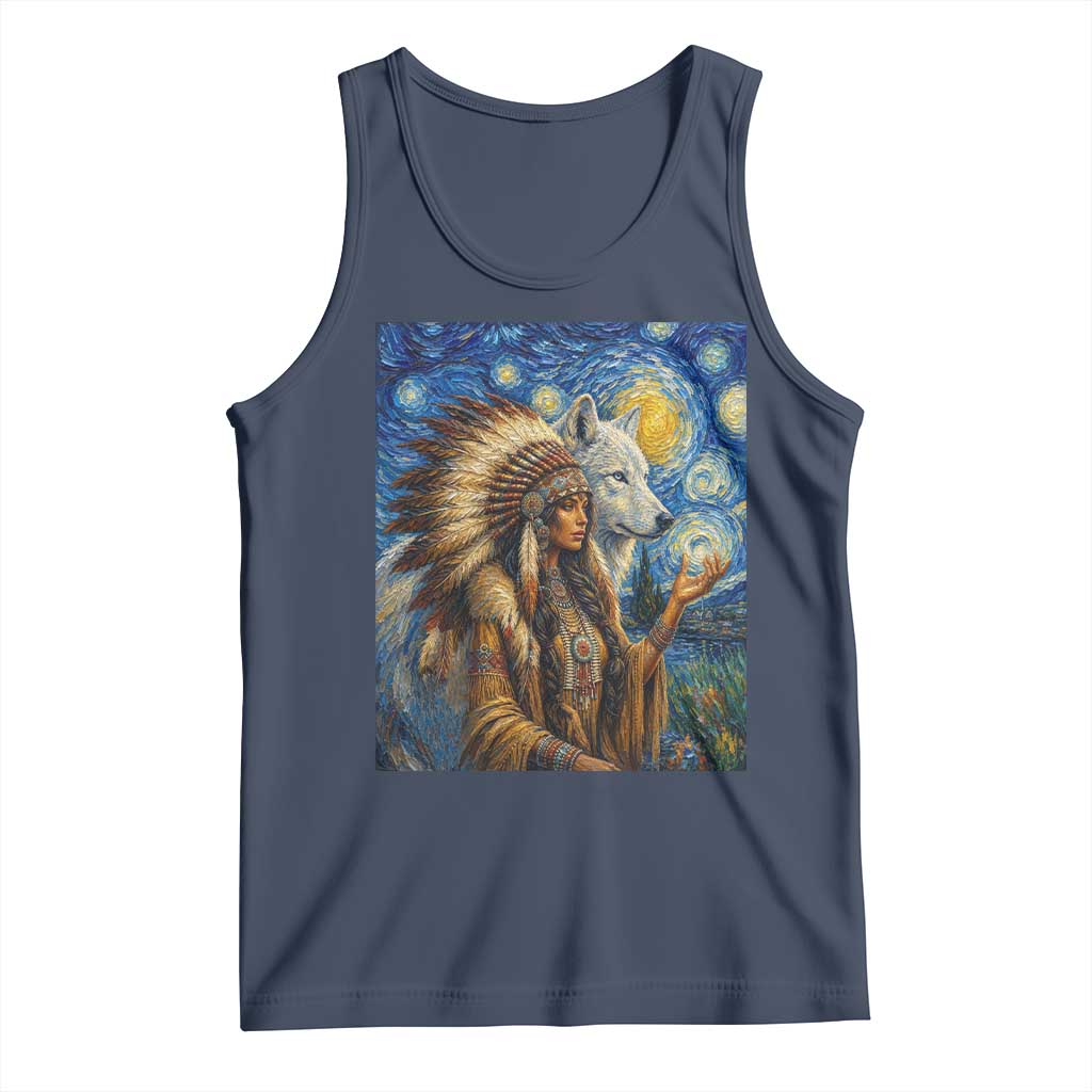 Native American Woman And White Wolf Tank Top Starry Night Inspired Art
