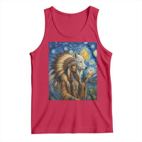 Native American Woman And White Wolf Tank Top Starry Night Inspired Art