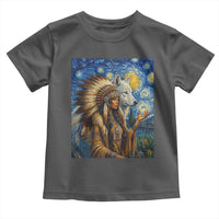 Native American Woman And White Wolf Toddler T Shirt Starry Night Inspired Art