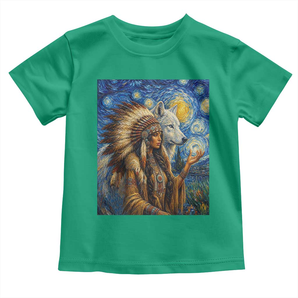Native American Woman And White Wolf Toddler T Shirt Starry Night Inspired Art