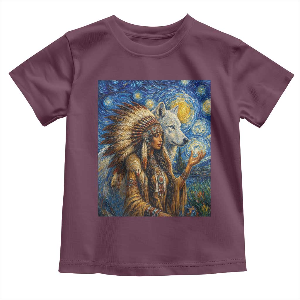 Native American Woman And White Wolf Toddler T Shirt Starry Night Inspired Art