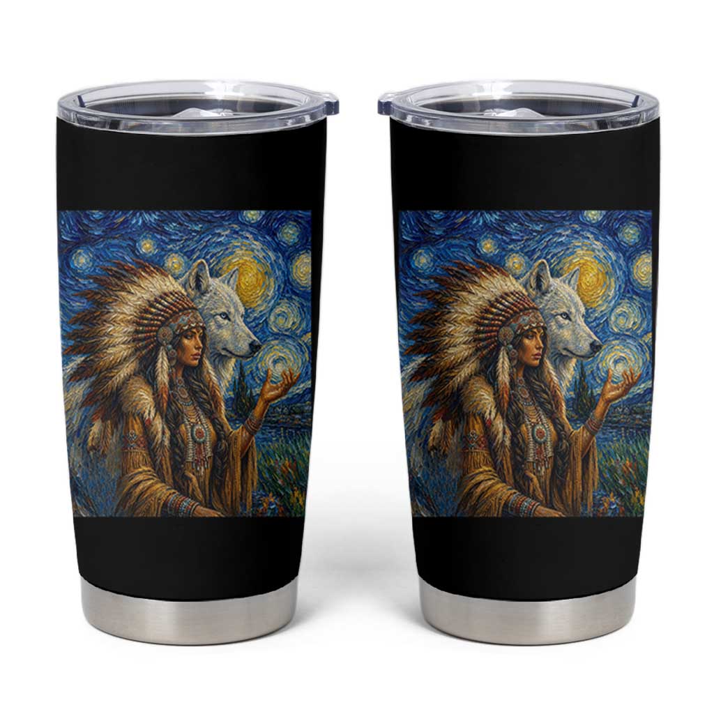 Native American Woman And White Wolf Tumbler Cup Starry Night Inspired Art