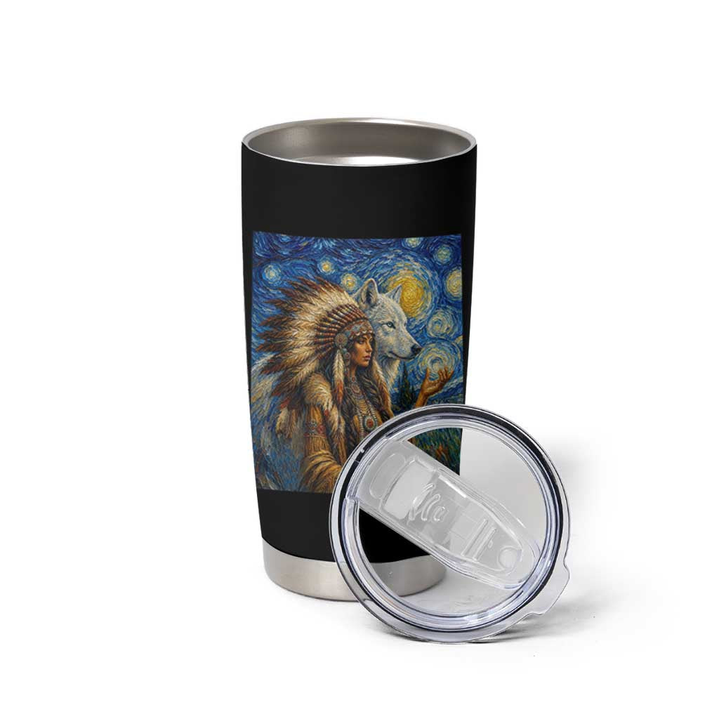 Native American Woman And White Wolf Tumbler Cup Starry Night Inspired Art