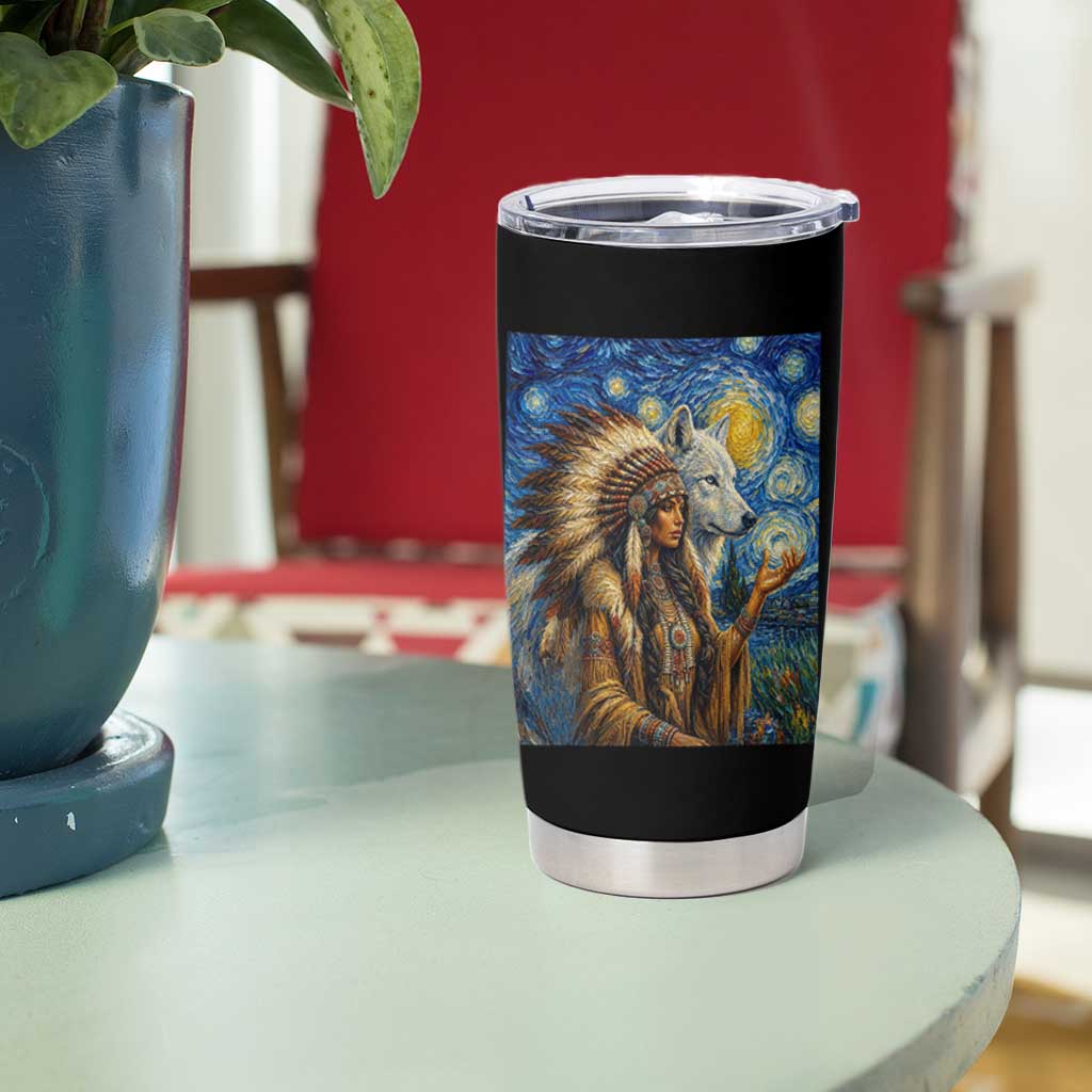 Native American Woman And White Wolf Tumbler Cup Starry Night Inspired Art
