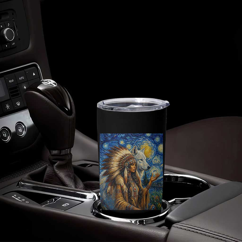 Native American Woman And White Wolf Tumbler Cup Starry Night Inspired Art