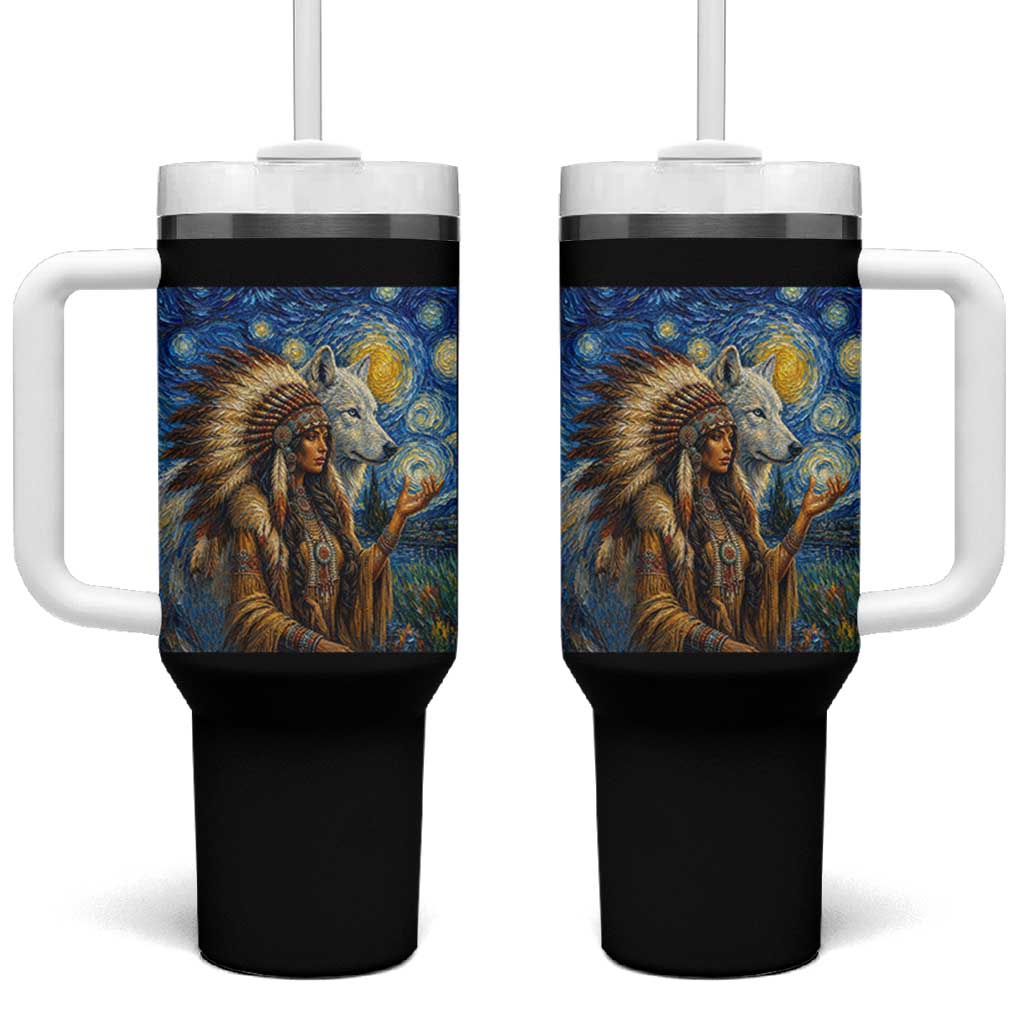 Native American Woman And White Wolf Tumbler With Handle Starry Night Inspired Art