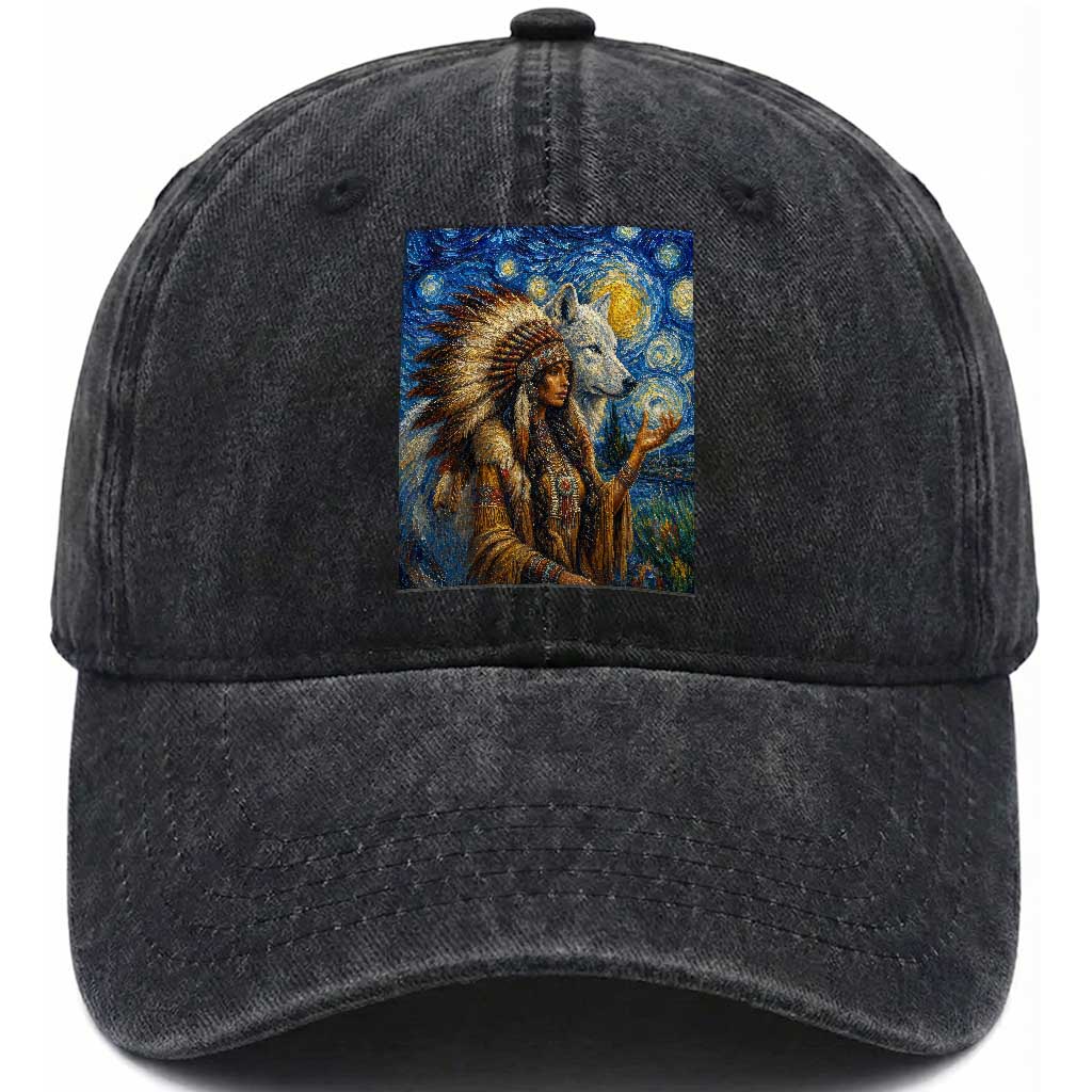 Native American Woman And White Wolf Washed Cotton Baseball Cap Starry Night Inspired Art