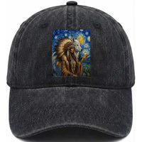 Native American Woman And White Wolf Washed Cotton Baseball Cap Starry Night Inspired Art