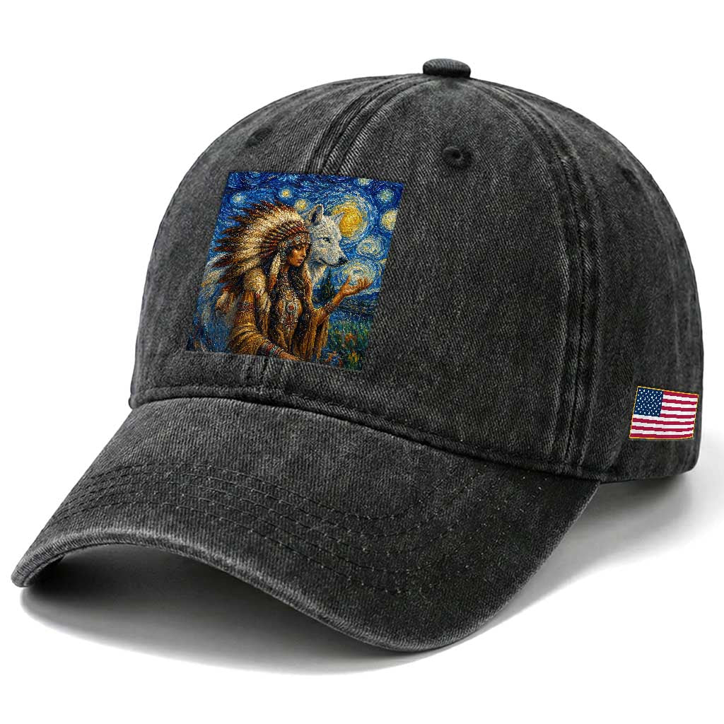 Native American Woman And White Wolf Washed Cotton Baseball Cap Starry Night Inspired Art