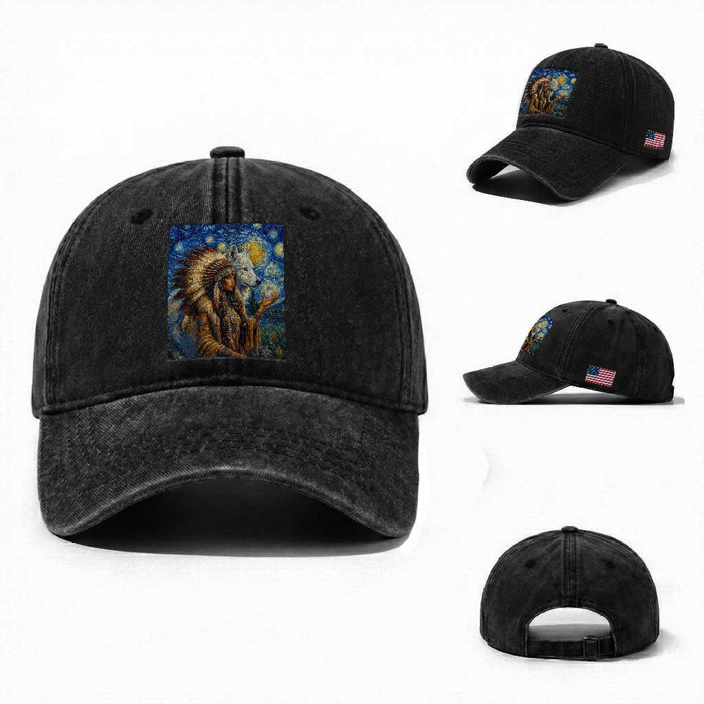 Native American Woman And White Wolf Washed Cotton Baseball Cap Starry Night Inspired Art