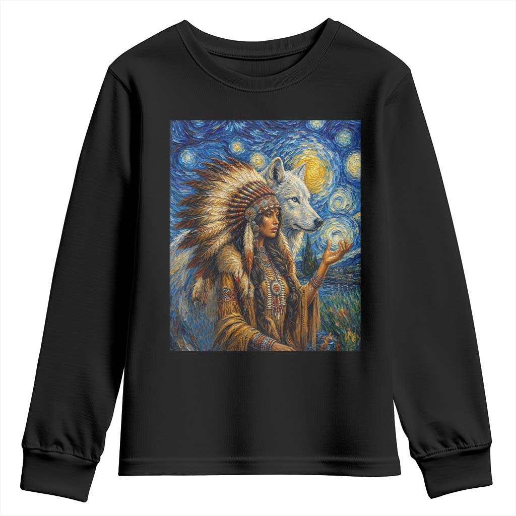 Native American Woman And White Wolf Youth Sweatshirt Starry Night Inspired Art