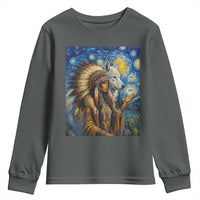 Native American Woman And White Wolf Youth Sweatshirt Starry Night Inspired Art