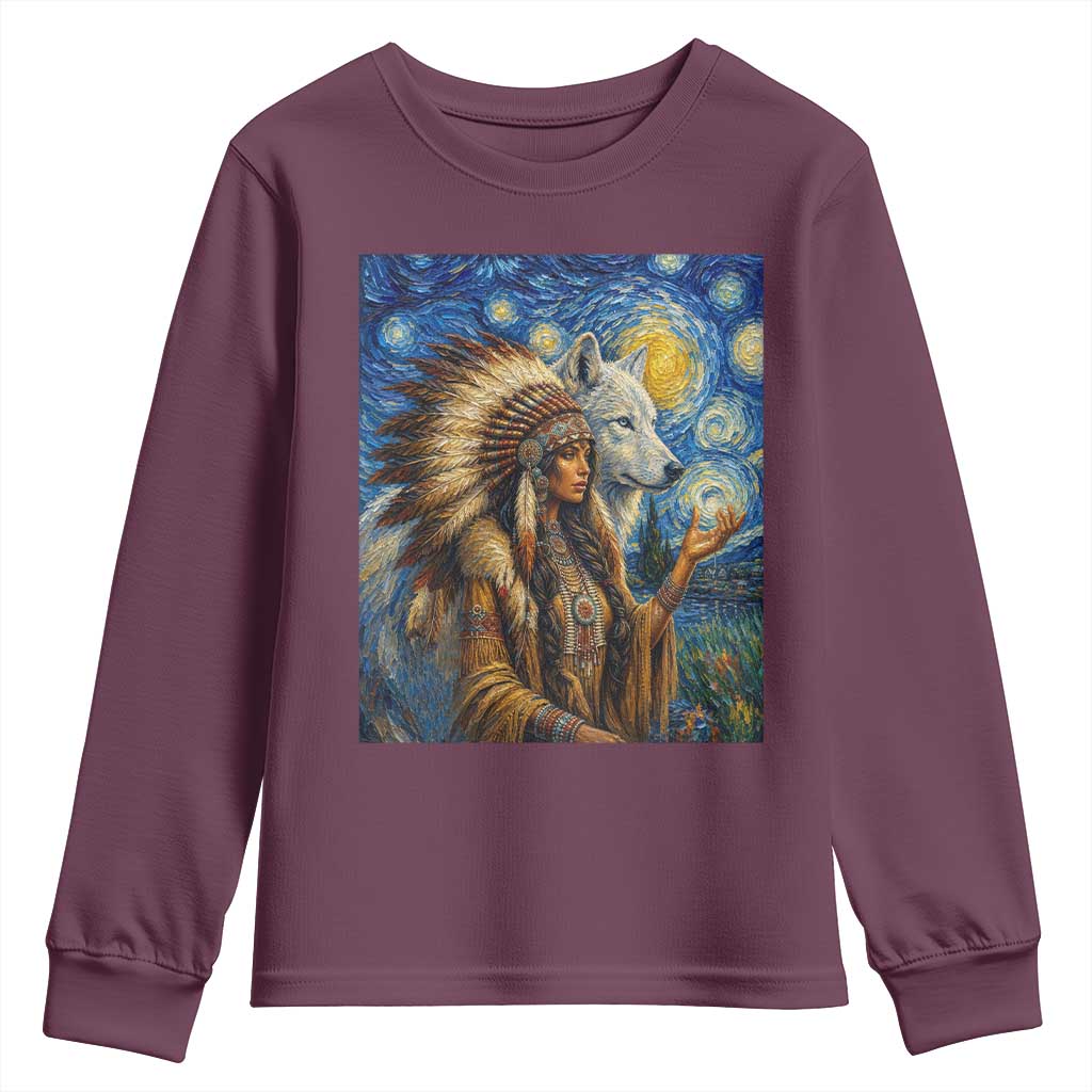 Native American Woman And White Wolf Youth Sweatshirt Starry Night Inspired Art