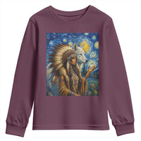 Native American Woman And White Wolf Youth Sweatshirt Starry Night Inspired Art