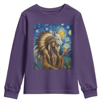 Native American Woman And White Wolf Youth Sweatshirt Starry Night Inspired Art