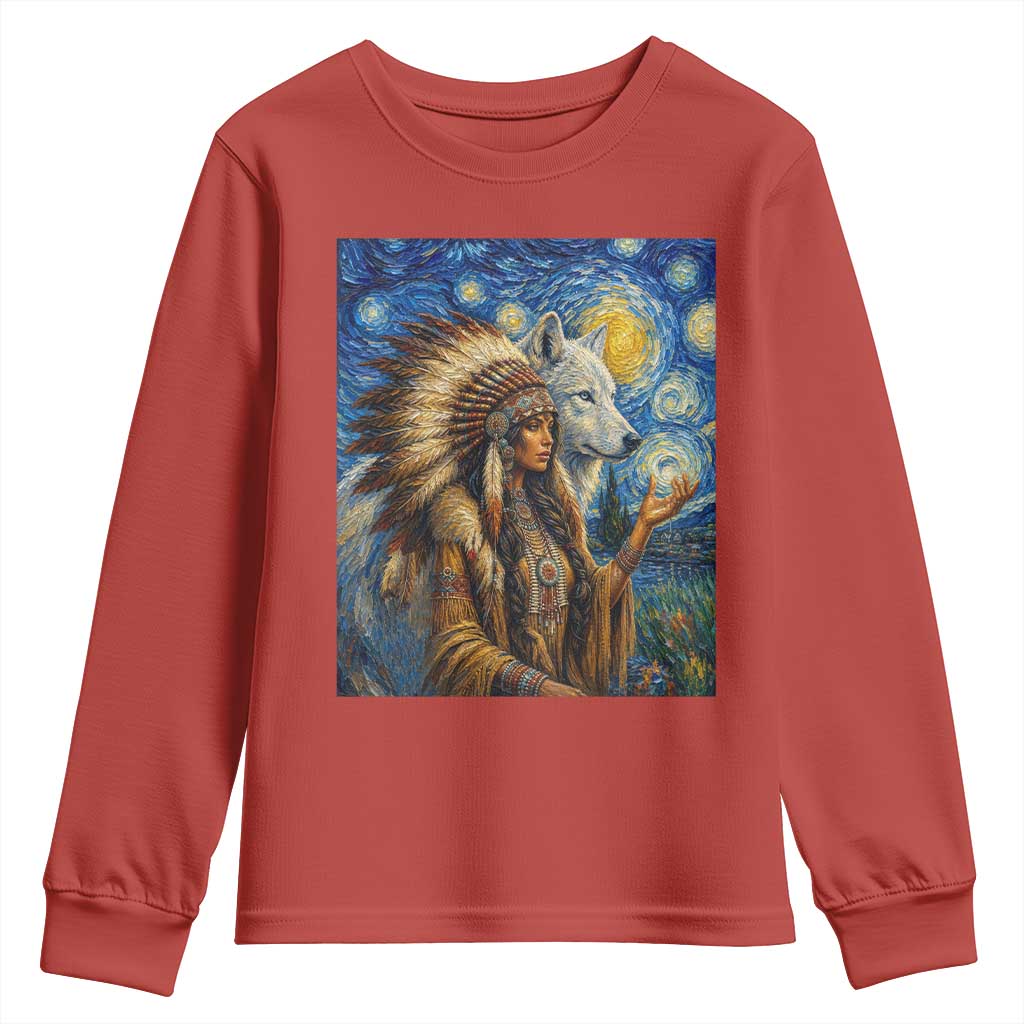 Native American Woman And White Wolf Youth Sweatshirt Starry Night Inspired Art