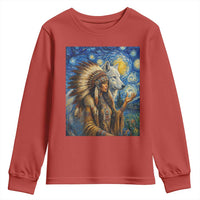 Native American Woman And White Wolf Youth Sweatshirt Starry Night Inspired Art