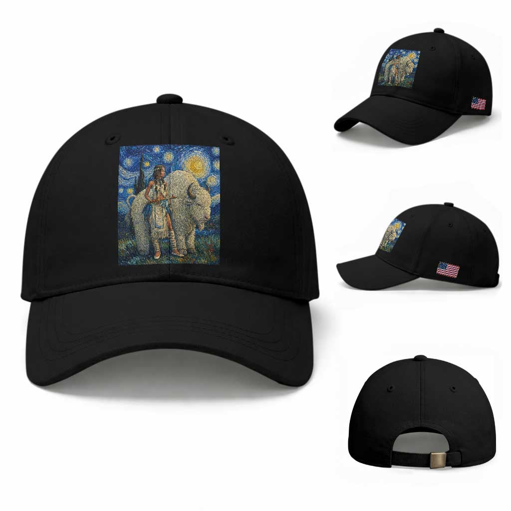 White Buffalo Woman Baseball Cap North American Native Legends Starry Night Inspired Art