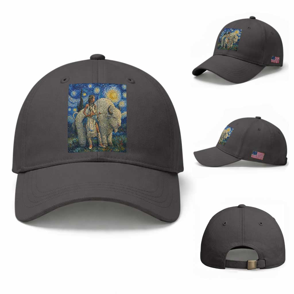 White Buffalo Woman Baseball Cap North American Native Legends Starry Night Inspired Art