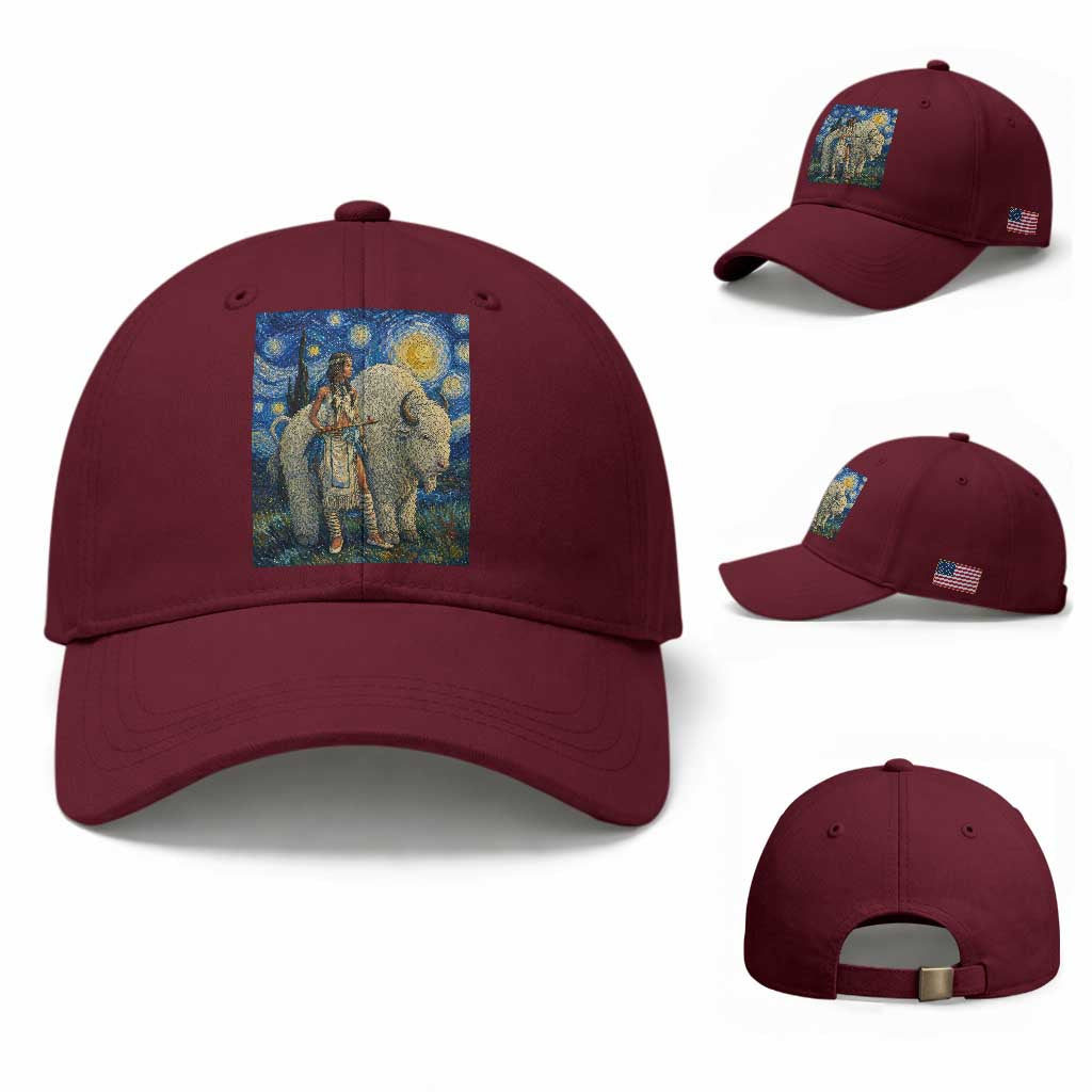 White Buffalo Woman Baseball Cap North American Native Legends Starry Night Inspired Art